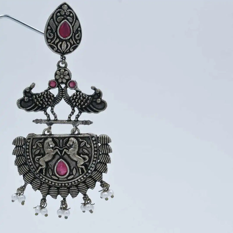 Elegant Antique Silver-Plated Earrings with Peacock & Lion Motif - UB Jewellerys 