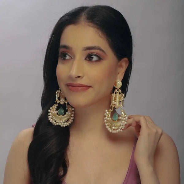 Elegant Gold plated Silver replica thappa work and Pearl Chandbali Earrings - UB Jewellerys 