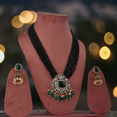 Elegant Green Beaded Necklace Set with Emerald Green Pendant & Pearl Jhumka Earrings - UB Jewellerys 