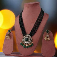 Elegant Green Beaded Necklace Set with Emerald Green Pendant & Pearl Jhumka Earrings - UB Jewellerys 