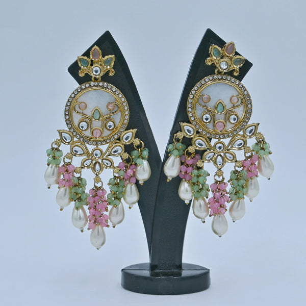 Elegant Kundan and Pearl Chandbali Earrings with Pink and Green Beads - UB Jewellerys 