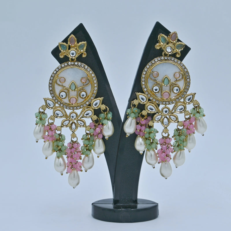 Elegant Kundan and Pearl Chandbali Earrings with Pink and Green Beads - UB Jewellerys 