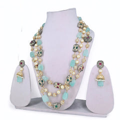 Elegant Mint Green & Pearl Multi-Layered Kundan Necklace Set - UB Jewellerys 