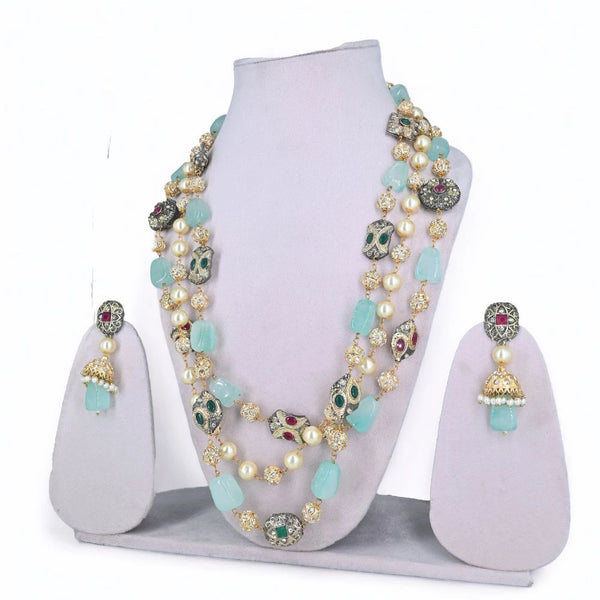 Elegant Mint Green & Pearl Multi-Layered Kundan Necklace Set - UB Jewellerys 