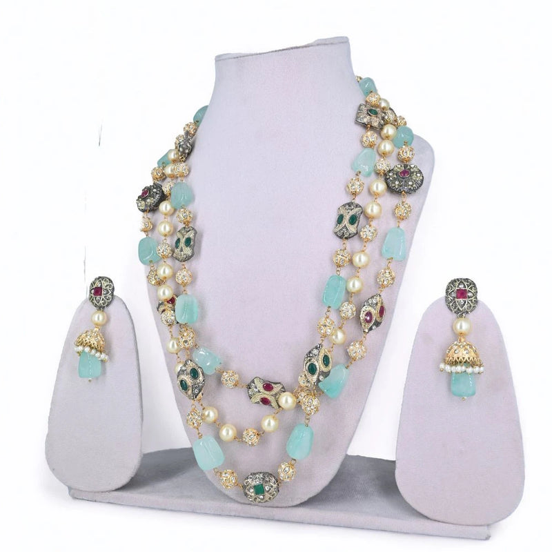 Elegant Mint Green & Pearl Multi-Layered Kundan Necklace Set - UB Jewellerys 