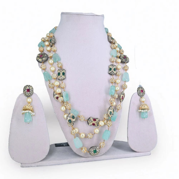 Elegant Mint Green & Pearl Multi-Layered Kundan Necklace Set - UB Jewellerys 