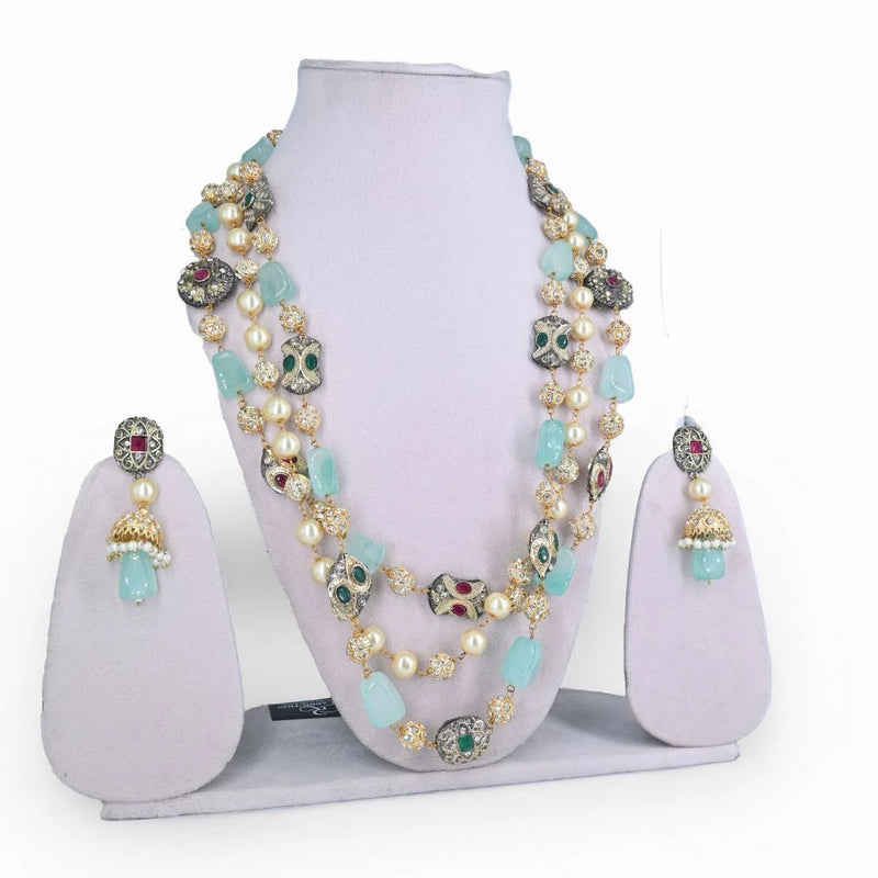 Elegant Mint Green & Pearl Multi-Layered Kundan Necklace Set - UB Jewellerys 