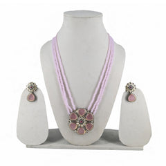 Elegant Pink Beaded Multi-Strand Necklace Set with Floral Pendant and Matching Earrings - UB Jewellerys 