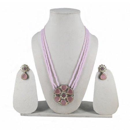 Elegant Pink Beaded Multi-Strand Necklace Set with Floral Pendant and Matching Earrings - UB Jewellerys 
