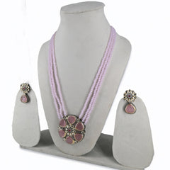 Elegant Pink Beaded Multi-Strand Necklace Set with Floral Pendant and Matching Earrings - UB Jewellerys 