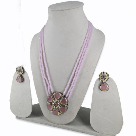 Elegant Pink Beaded Multi-Strand Necklace Set with Floral Pendant and Matching Earrings - UB Jewellerys 