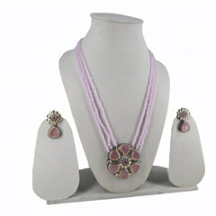 Elegant Pink Beaded Multi-Strand Necklace Set with Floral Pendant and Matching Earrings - UB Jewellerys 