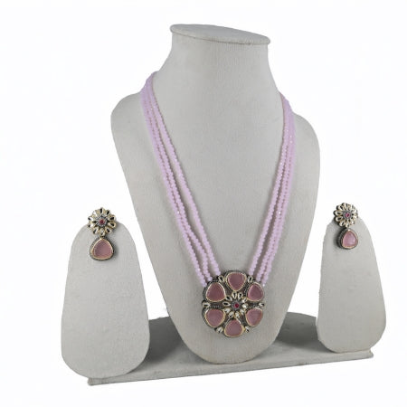 Elegant Pink Beaded Multi-Strand Necklace Set with Floral Pendant and Matching Earrings - UB Jewellerys 