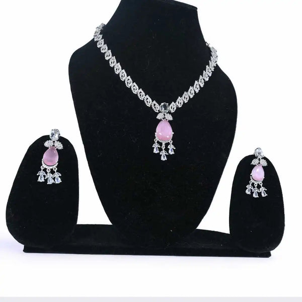 Elegant Pink Stone & AD Imitation Jewelry Set – Necklace & Earrings - UB Jewellerys 