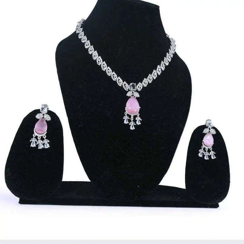 Elegant Pink Stone & AD Imitation Jewelry Set – Necklace & Earrings - UB Jewellerys 