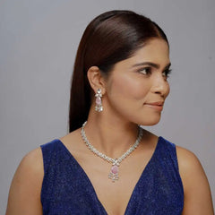 Elegant Pink Stone & AD Imitation Jewelry Set – Necklace & Earrings - UB Jewellerys 