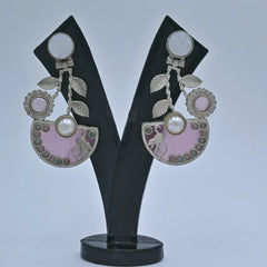 Elegant Silver-Plated Pink Enamel Earrings with Floral and Bird Design - UB Jewellerys 