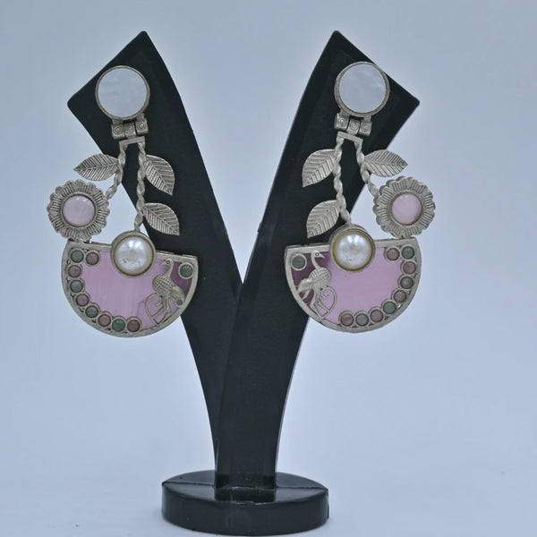 Elegant Silver-Plated Pink Enamel Earrings with Floral and Bird Design - UB Jewellerys 
