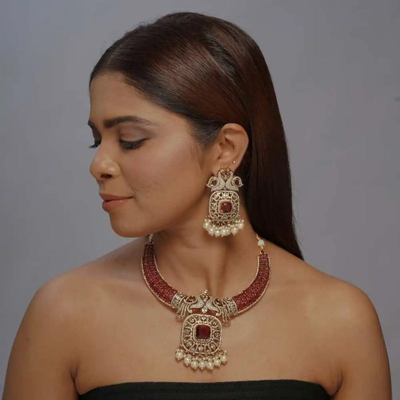 Elegant dark pink & Gold American diamond Necklace and Earring Set - UB Jewellerys 