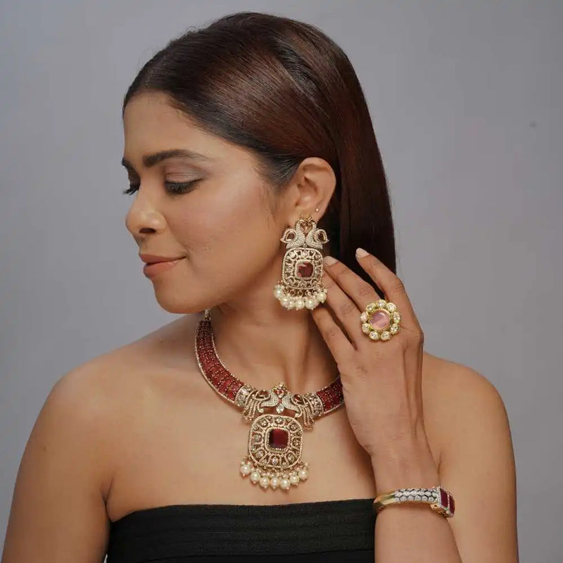 Elegant dark pink & Gold American diamond Necklace and Earring Set - UB Jewellerys 