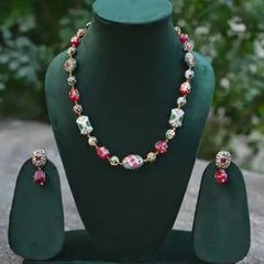 Elegant hand made natural stones Beaded Necklace Set with Ruby Red Accents and Matching Earrings - UB Jewellerys 