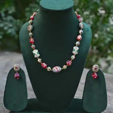 Elegant hand made natural stones Beaded Necklace Set with Ruby Red Accents and Matching Earrings - UB Jewellerys 