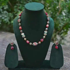 Elegant hand made natural stones Beaded Necklace Set with Ruby Red Accents and Matching Earrings - UB Jewellerys 