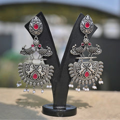 Ethnic Silver-Plated Jhumka Earrings with Red Stone & Pearl Drops - UB Jewellerys 