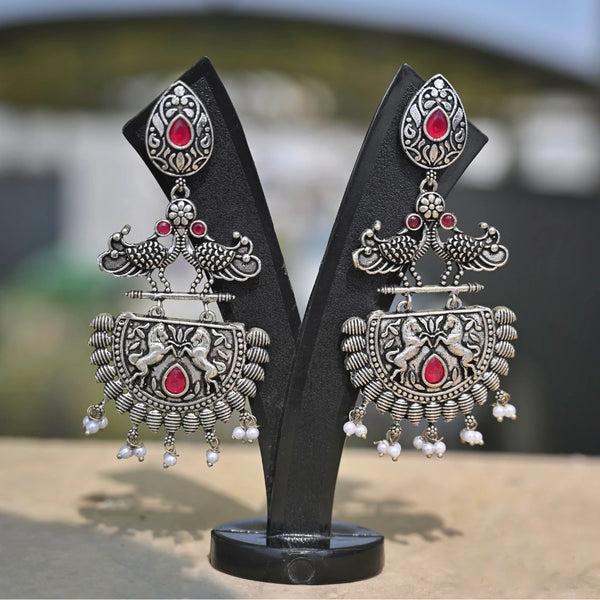 Ethnic Silver-Plated Jhumka Earrings with Red Stone & Pearl Drops - UB Jewellerys 