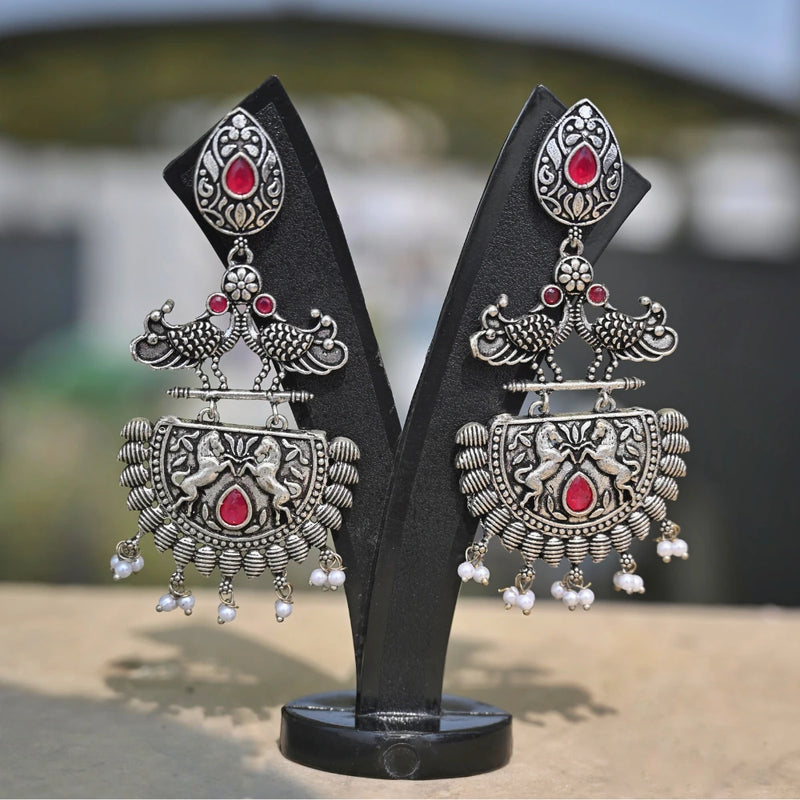 Ethnic Silver-Plated Jhumka Earrings with Red Stone & Pearl Drops - UB Jewellerys 