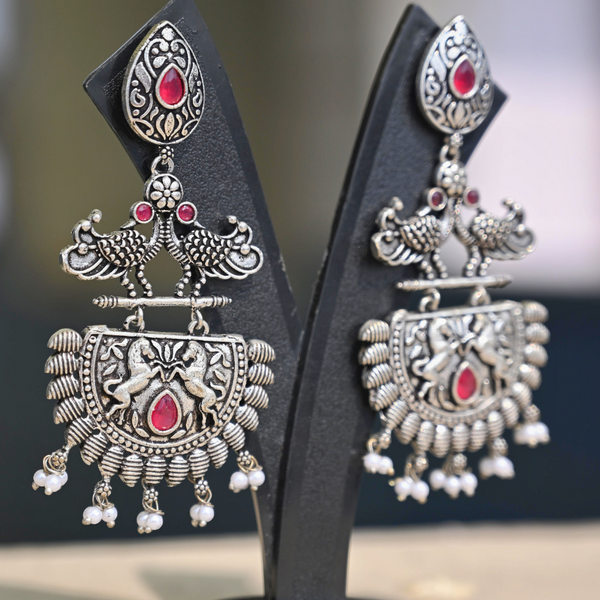 Ethnic Silver-Plated Jhumka Earrings with Red Stone & Pearl Drops - UB Jewellerys 