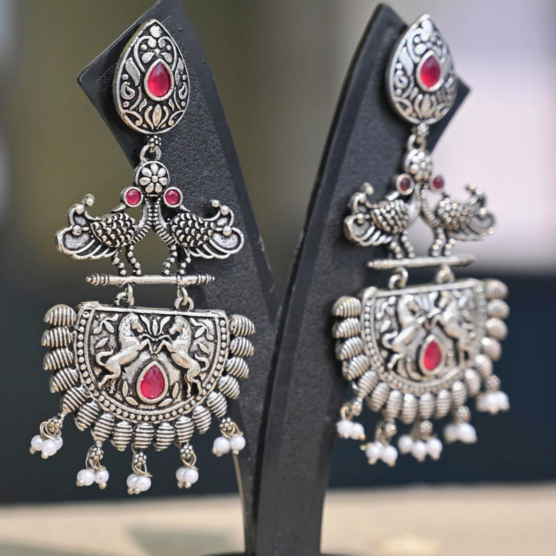 Ethnic Silver-Plated Jhumka Earrings with Red Stone & Pearl Drops - UB Jewellerys 