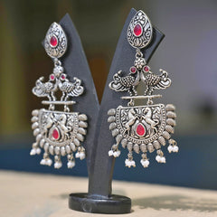 Ethnic Silver-Plated Jhumka Earrings with Red Stone & Pearl Drops - UB Jewellerys 