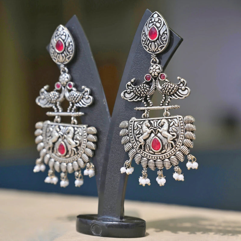 Ethnic Silver-Plated Jhumka Earrings with Red Stone & Pearl Drops - UB Jewellerys 