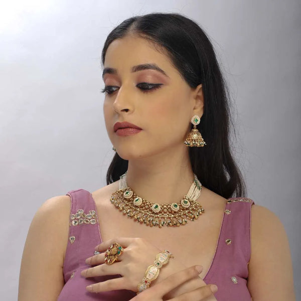 Exquisite Kundan Pearl Choker Necklace & Jhumka Earrings Set – Imitation Jewelry - UB Jewellerys 