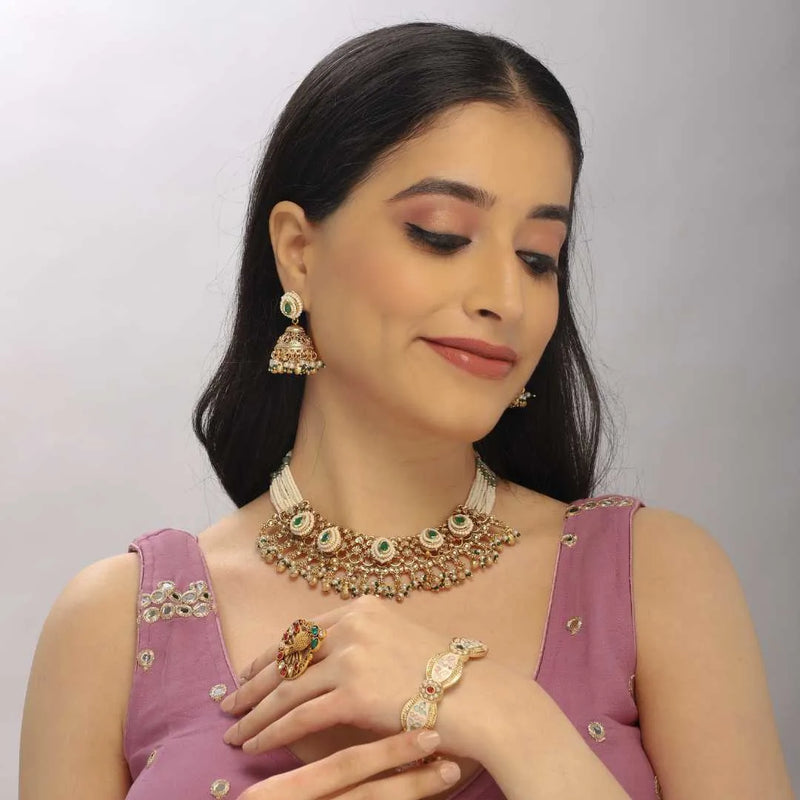 Exquisite Kundan Pearl Choker Necklace & Jhumka Earrings Set – Imitation Jewelry - UB Jewellerys 