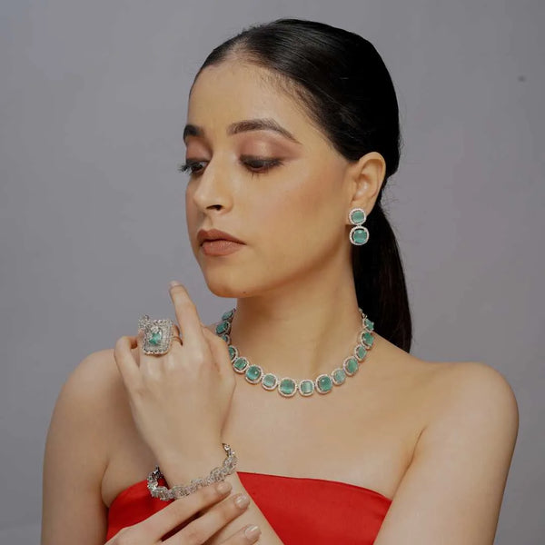 Exquisite sea green stones american diamond Imitation Jewellery Set - UB Jewellerys 