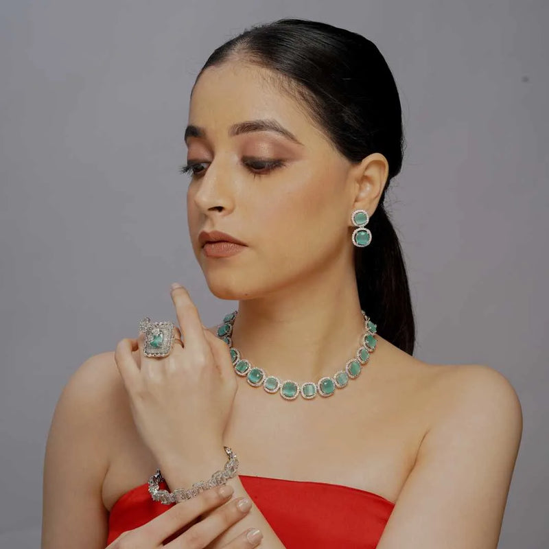 Exquisite sea green stones american diamond Imitation Jewellery Set - UB Jewellerys 