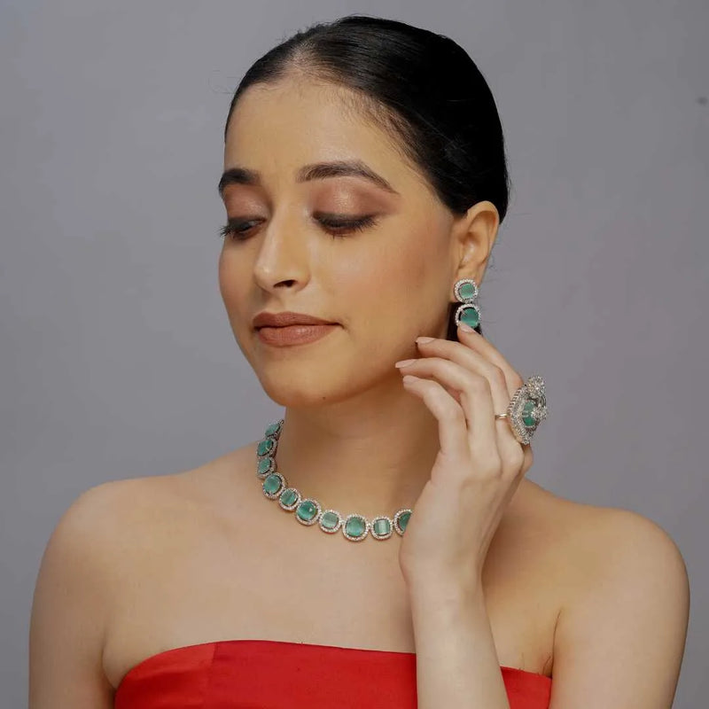 Exquisite sea green stones american diamond Imitation Jewellery Set - UB Jewellerys 