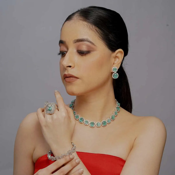 Exquisite sea green stones american diamond Imitation Jewellery Set - UB Jewellerys 