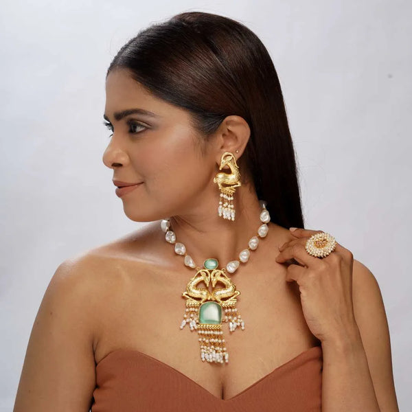 Gold-Plated contemporary Jewelry Set with Pearl and Green Stone Accents - UB Jewellerys 