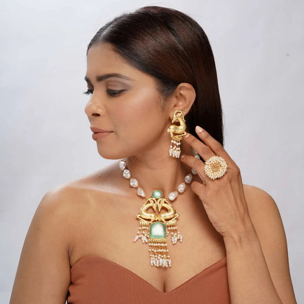 Gold-Plated contemporary Jewelry Set with Pearl and Green Stone Accents - UB Jewellerys 