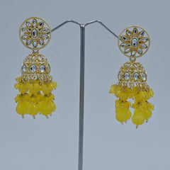 Gold-Tone Kundan Jhumka Earrings with Yellow Beads - UB Jewellerys 