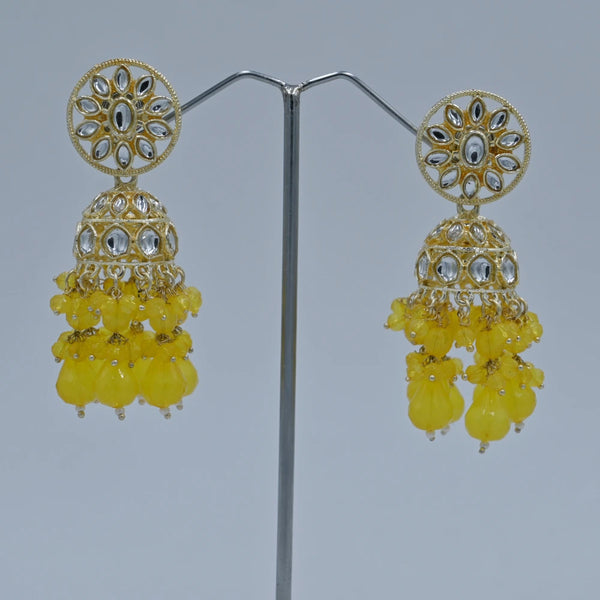 Gold-Tone Kundan Jhumka Earrings with Yellow Beads - UB Jewellerys 