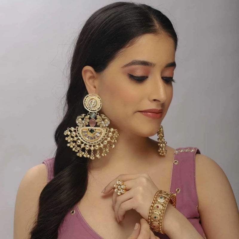 Gold-Toned Kundan Oversized Chandelier Earrings - UB Jewellerys 