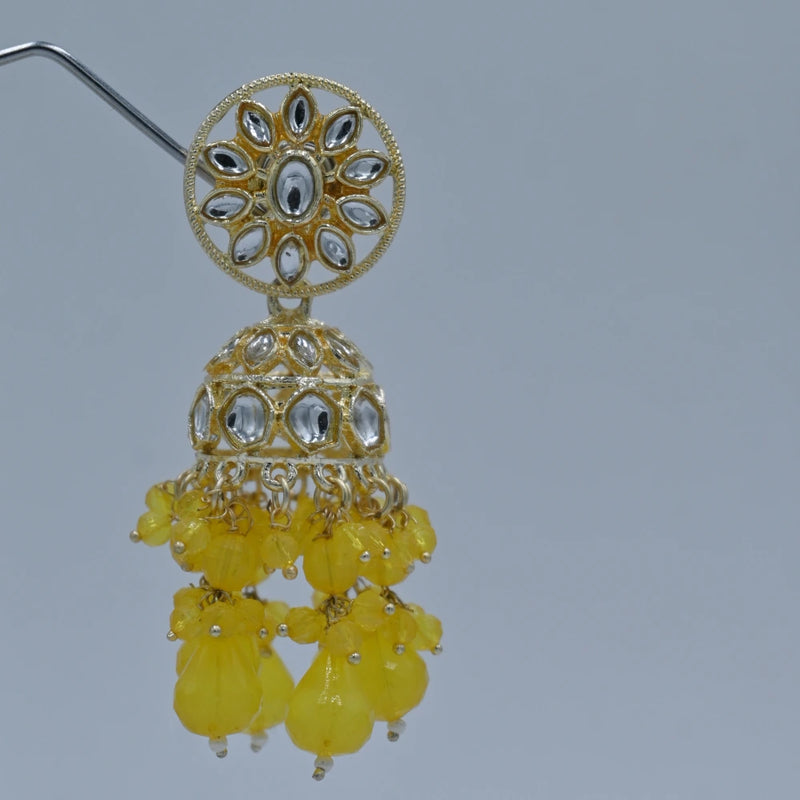 Gold-Tone Kundan Jhumka Earrings with Yellow Beads - UB Jewellerys 