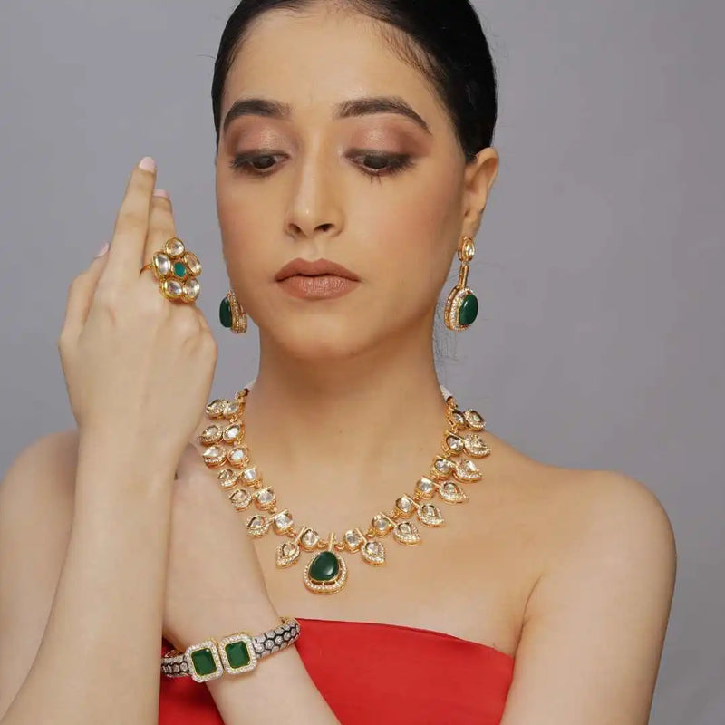 Good plated kundan necklace with green stone - UB Jewellerys 
