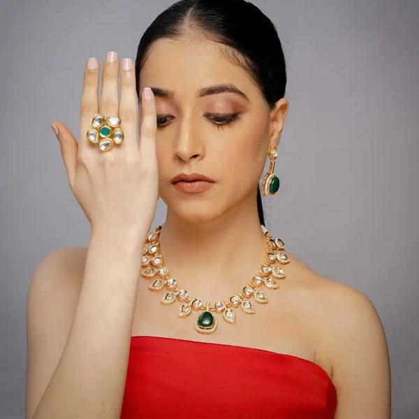 Good plated kundan necklace with green stone - UB Jewellerys 