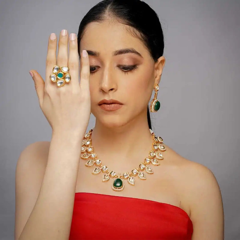 Good plated kundan necklace with green stone - UB Jewellerys 