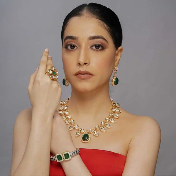 Good plated kundan necklace with green stone - UB Jewellerys 